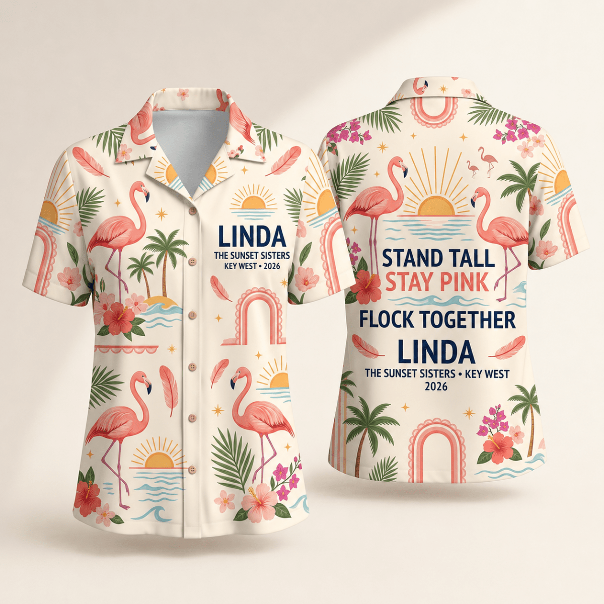 Personalized Stand Tall Stay Pink Flamingo Hawaiian Shirt for Women | Custom Coastal Beach Shirt | Flamingo Lover Gift - FlamingoAholic