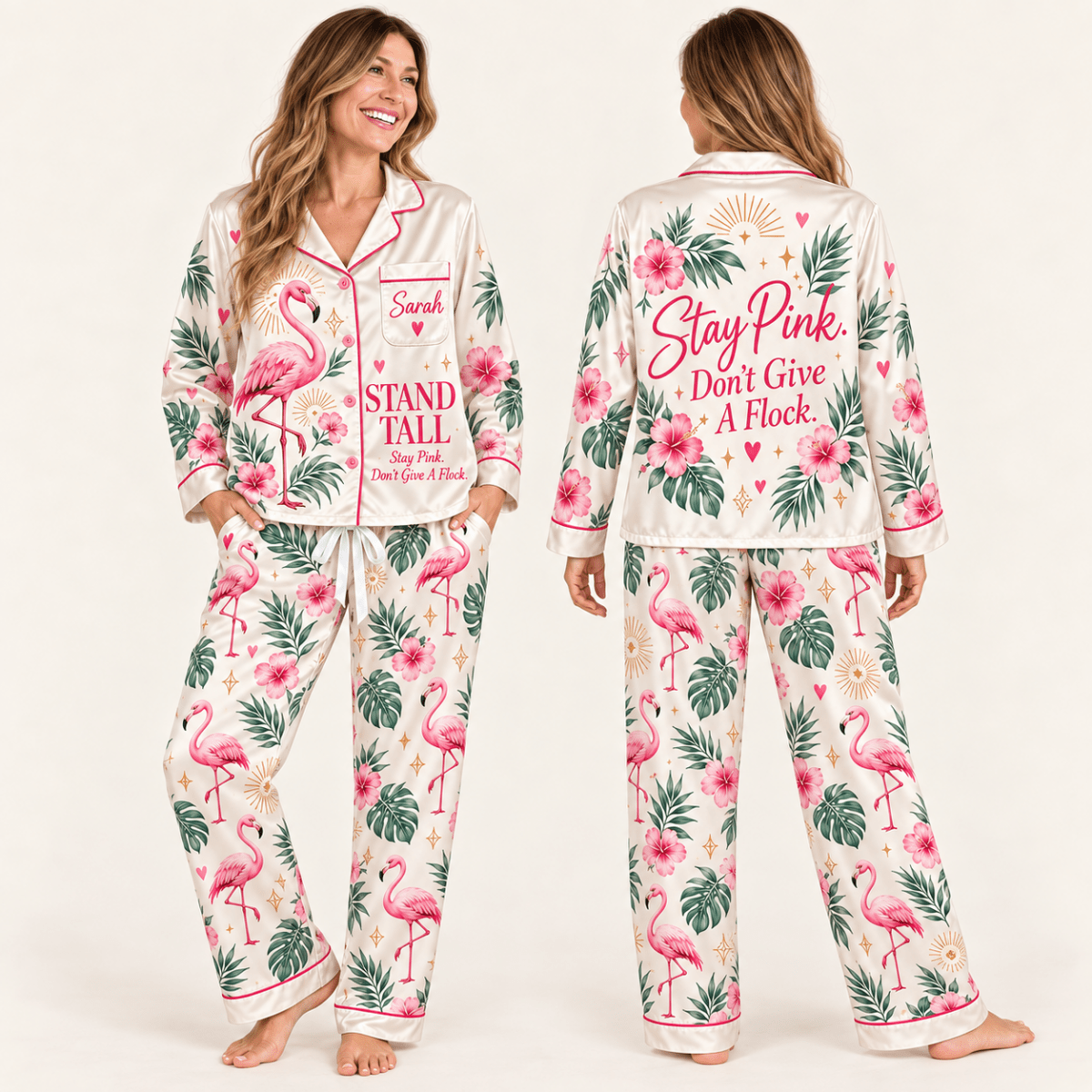 Personalized Stand Tall Stay Pink Flamingo Satin Pajama Set - FlamingoAholic