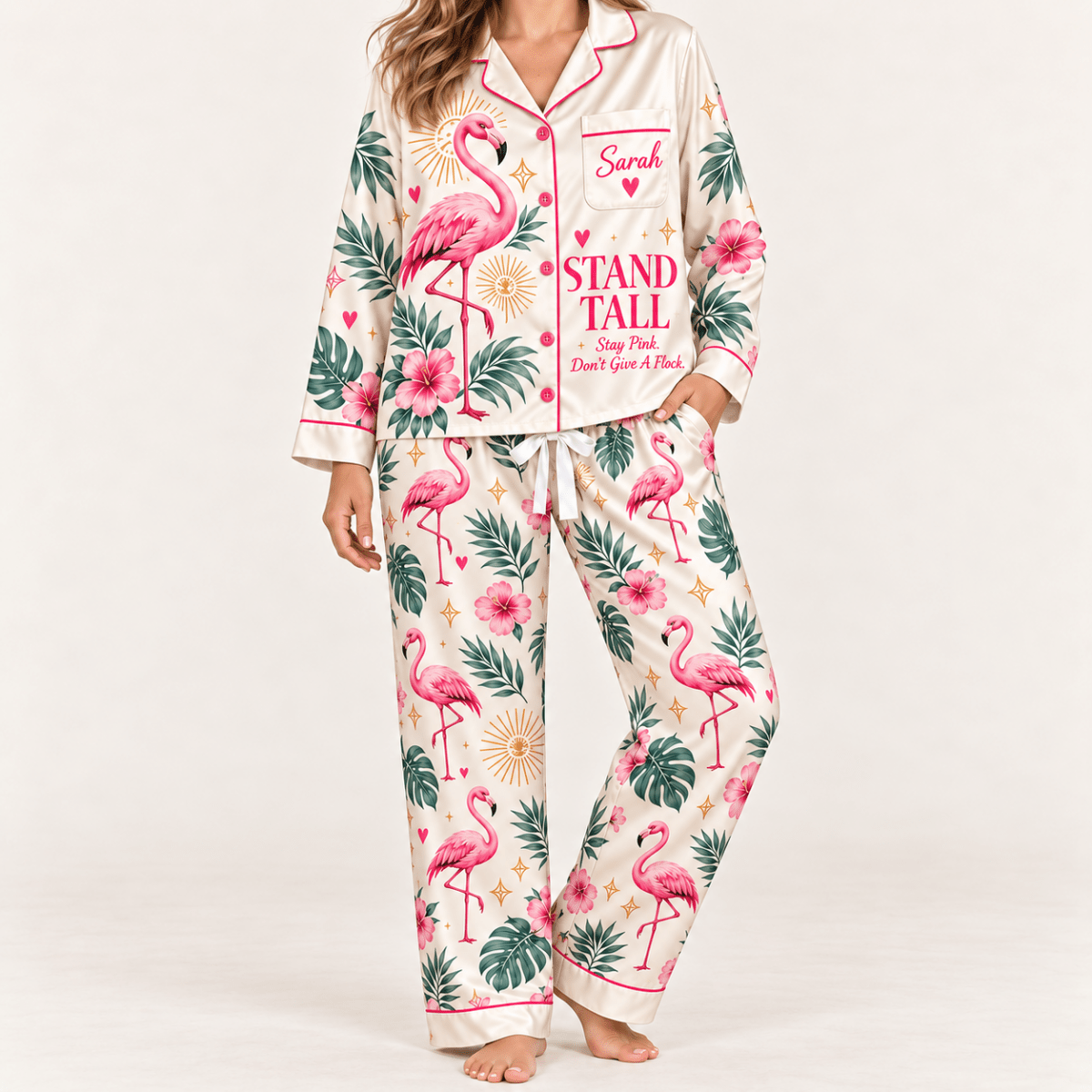 Personalized Stand Tall Stay Pink Flamingo Satin Pajama Set - FlamingoAholic