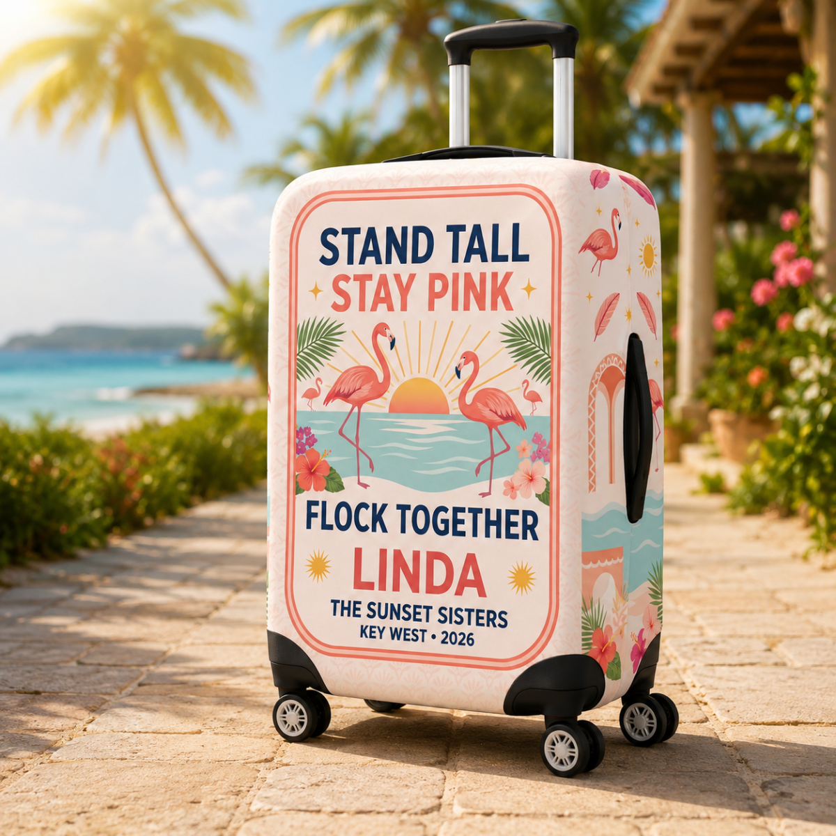 Personalized Stand Tall Stay Pink Luggage Cover | Custom Flamingo Suitcase Protector - FlamingoAholic
