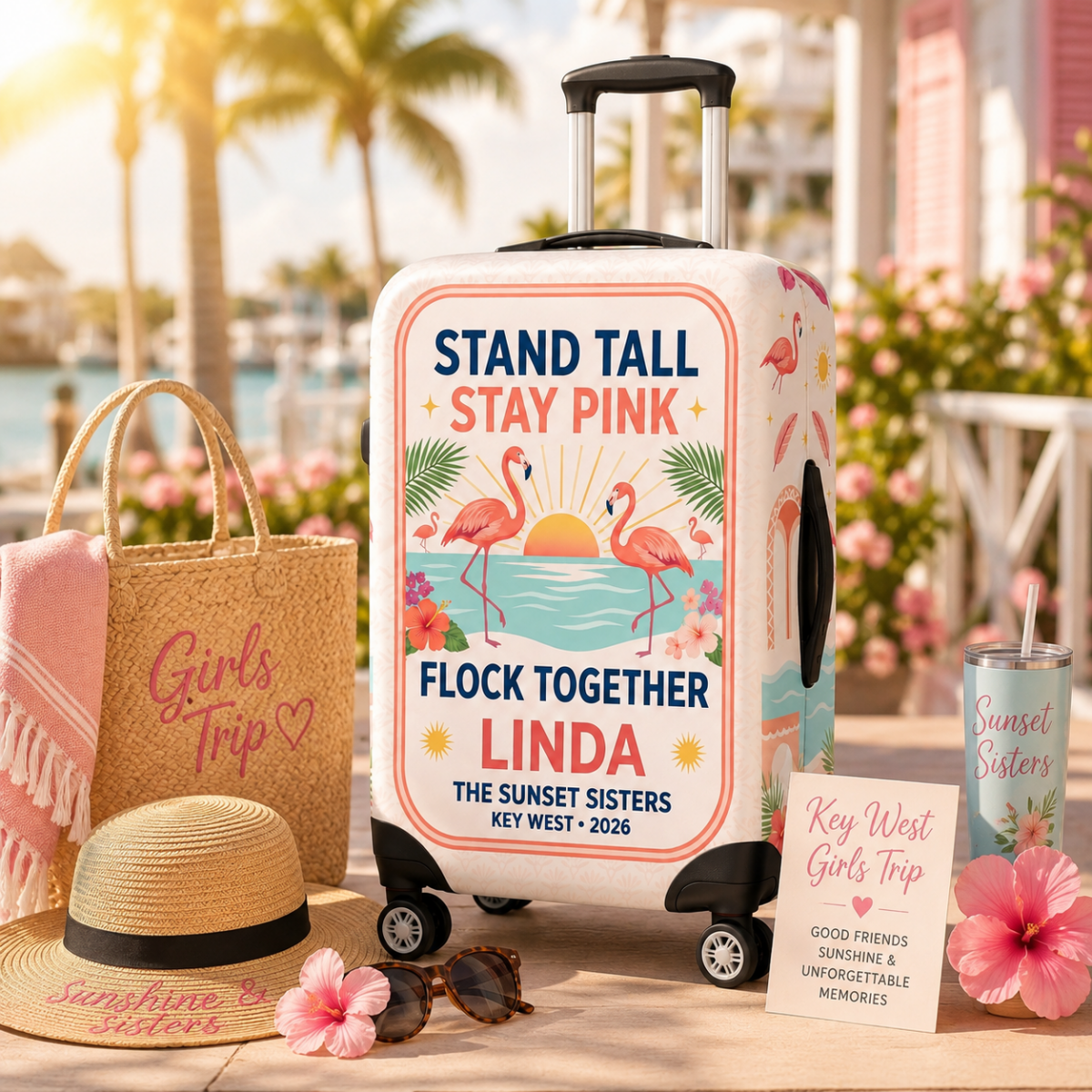 Personalized Stand Tall Stay Pink Luggage Cover | Custom Flamingo Suitcase Protector - FlamingoAholic
