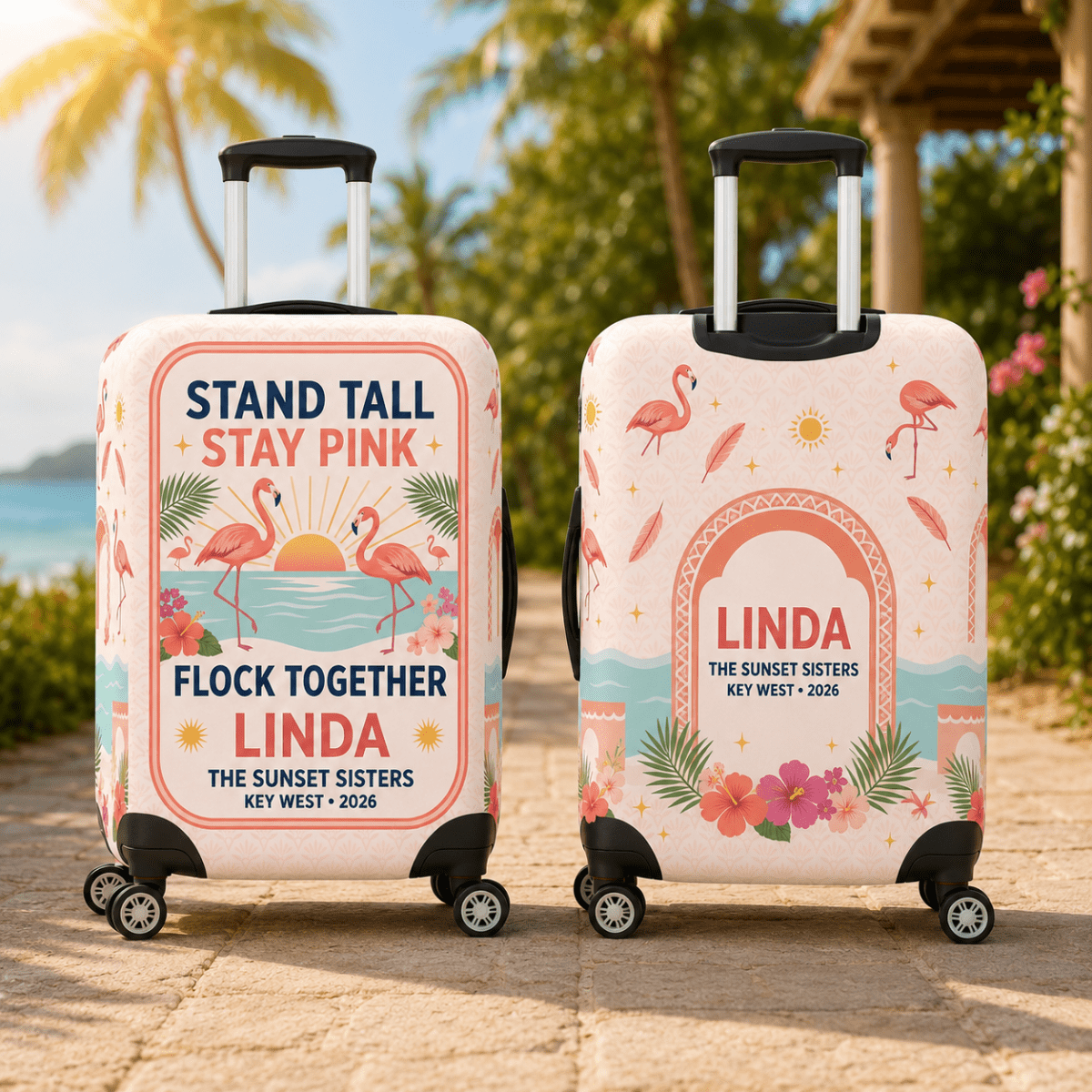 Personalized Stand Tall Stay Pink Luggage Cover | Custom Flamingo Suitcase Protector - FlamingoAholic