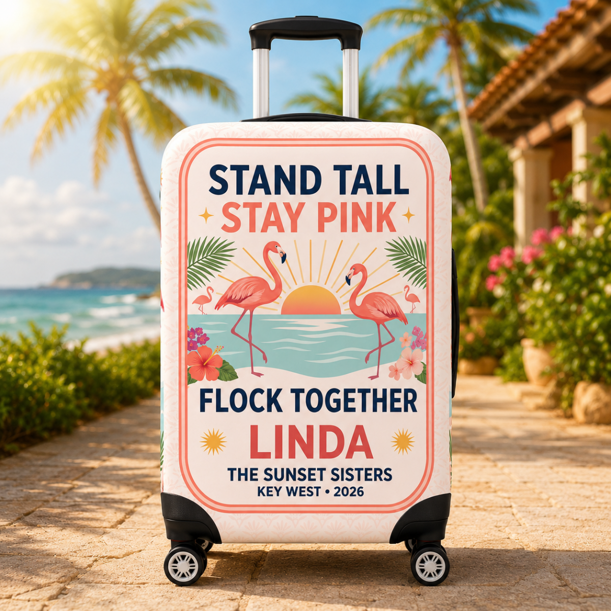 Personalized Stand Tall Stay Pink Luggage Cover | Custom Flamingo Suitcase Protector - FlamingoAholic
