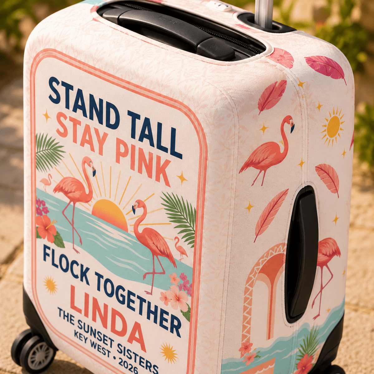 Personalized Stand Tall Stay Pink Luggage Cover | Custom Flamingo Suitcase Protector - FlamingoAholic
