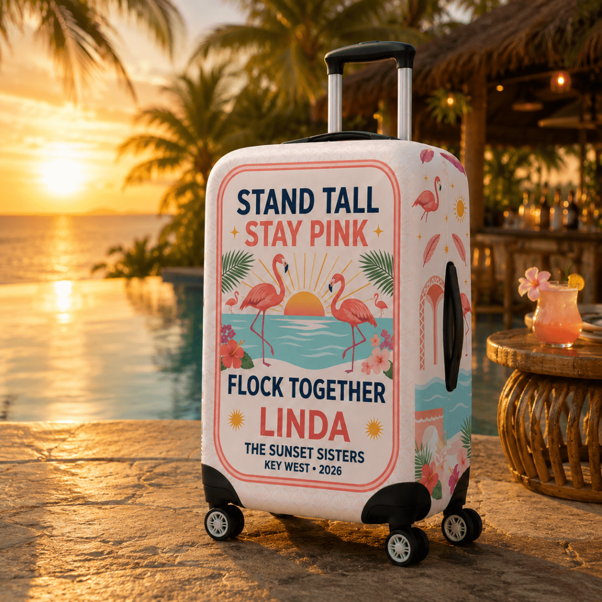 Personalized Stand Tall Stay Pink Luggage Cover | Custom Flamingo Suitcase Protector - FlamingoAholic
