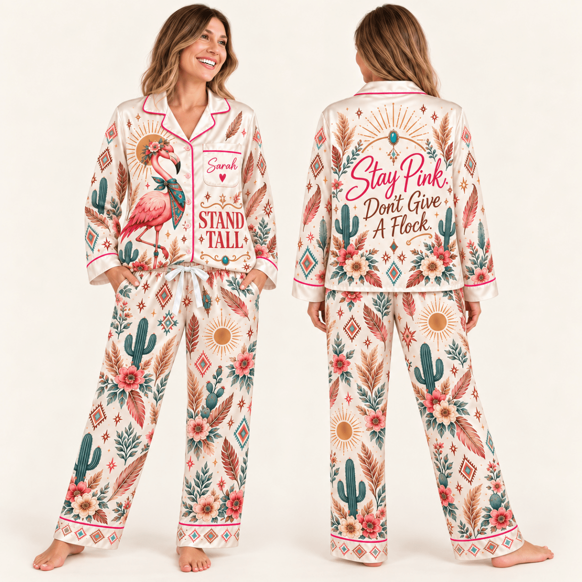 Personalized Stand Tall Western Flamingo Satin Pajama Set - FlamingoAholic