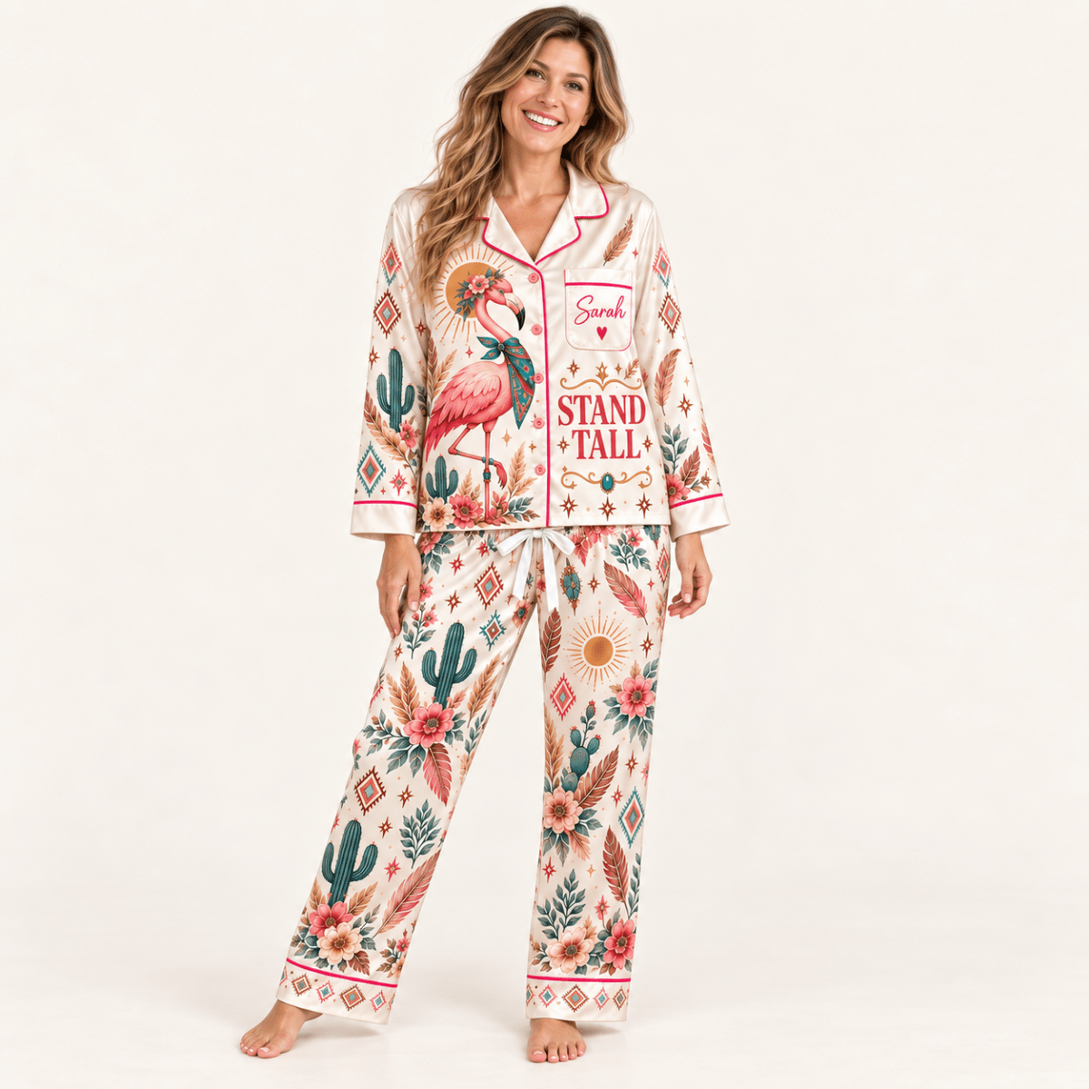 Personalized Stand Tall Western Flamingo Satin Pajama Set - FlamingoAholic
