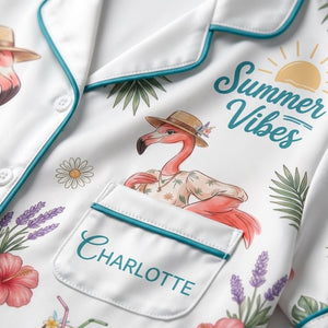 Personalized Summer Vibes Coastal Flamingo Print Satin Pajama Set - FlamingoAholic
