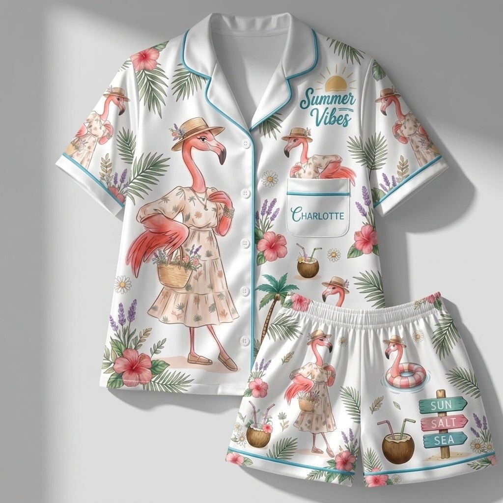 Personalized Summer Vibes Coastal Flamingo Print Satin Pajama Set - FlamingoAholic