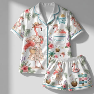 Personalized Summer Vibes Coastal Flamingo Print Satin Pajama Set - FlamingoAholic