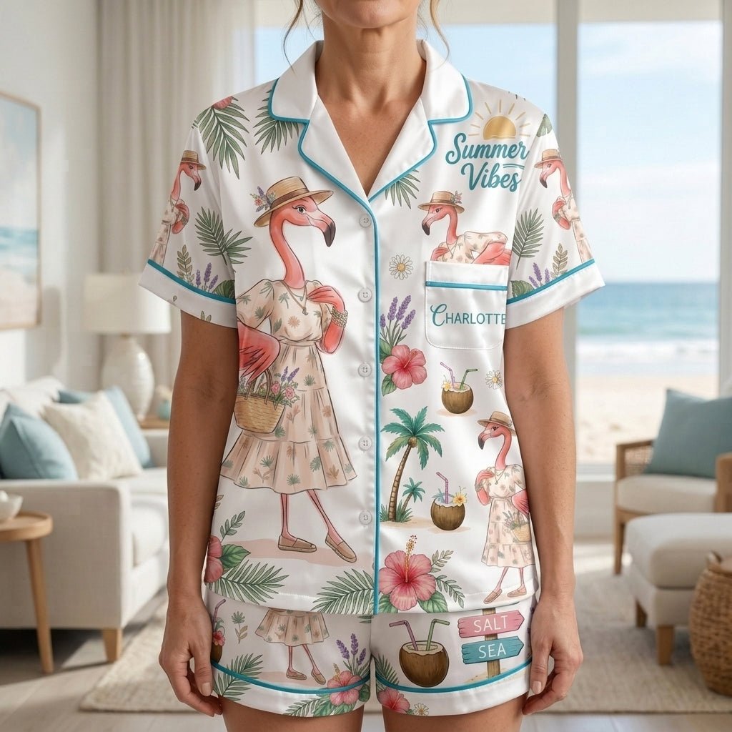 Personalized Summer Vibes Coastal Flamingo Print Satin Pajama Set - FlamingoAholic