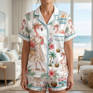 Personalized Summer Vibes Coastal Flamingo Print Satin Pajama Set - FlamingoAholic