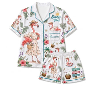 Personalized Summer Vibes Coastal Flamingo Print Satin Pajama Set - FlamingoAholic