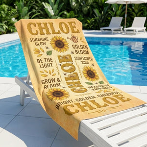 Personalized Sunflower Beach Towel - Custom Name "Bright. Golden. Cheerful." - FlamingoAholic