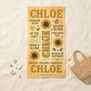 Personalized Sunflower Beach Towel - Custom Name "Bright. Golden. Cheerful." - FlamingoAholic