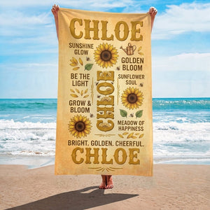 Personalized Sunflower Beach Towel - Custom Name "Bright. Golden. Cheerful." - FlamingoAholic
