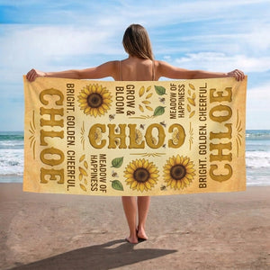 Personalized Sunflower Beach Towel - Custom Name "Bright. Golden. Cheerful." - FlamingoAholic