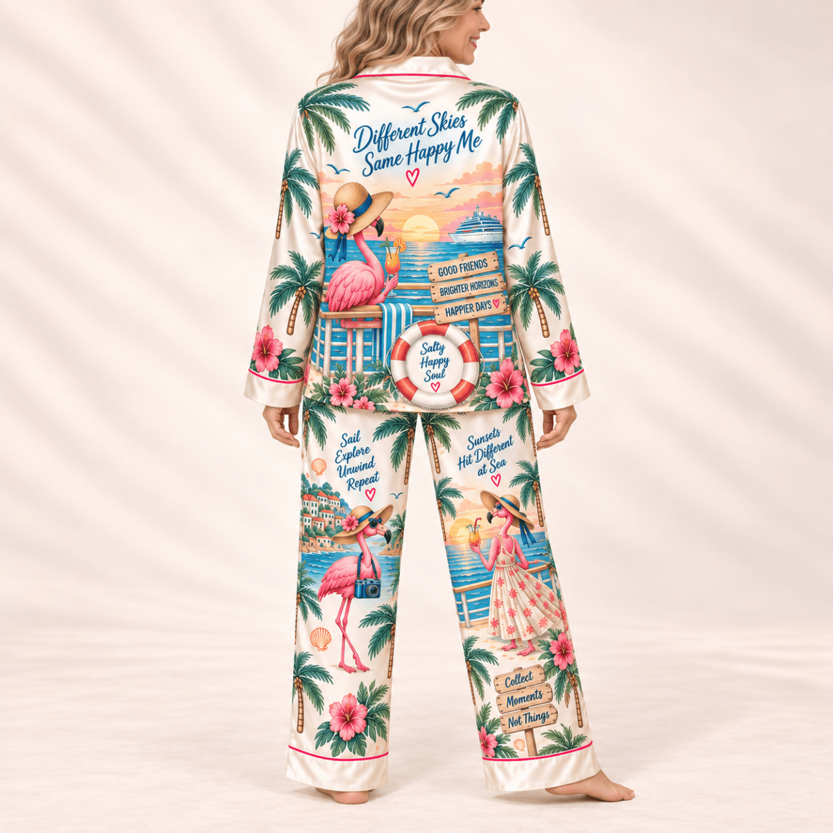 Personalized Sunrise to Sunset Flamingo Cruise Satin Pajama Set for Women - FlamingoAholic