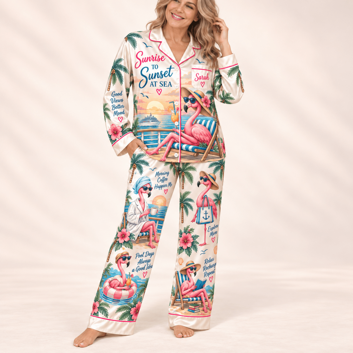 Personalized Sunrise to Sunset Flamingo Cruise Satin Pajama Set for Women - FlamingoAholic