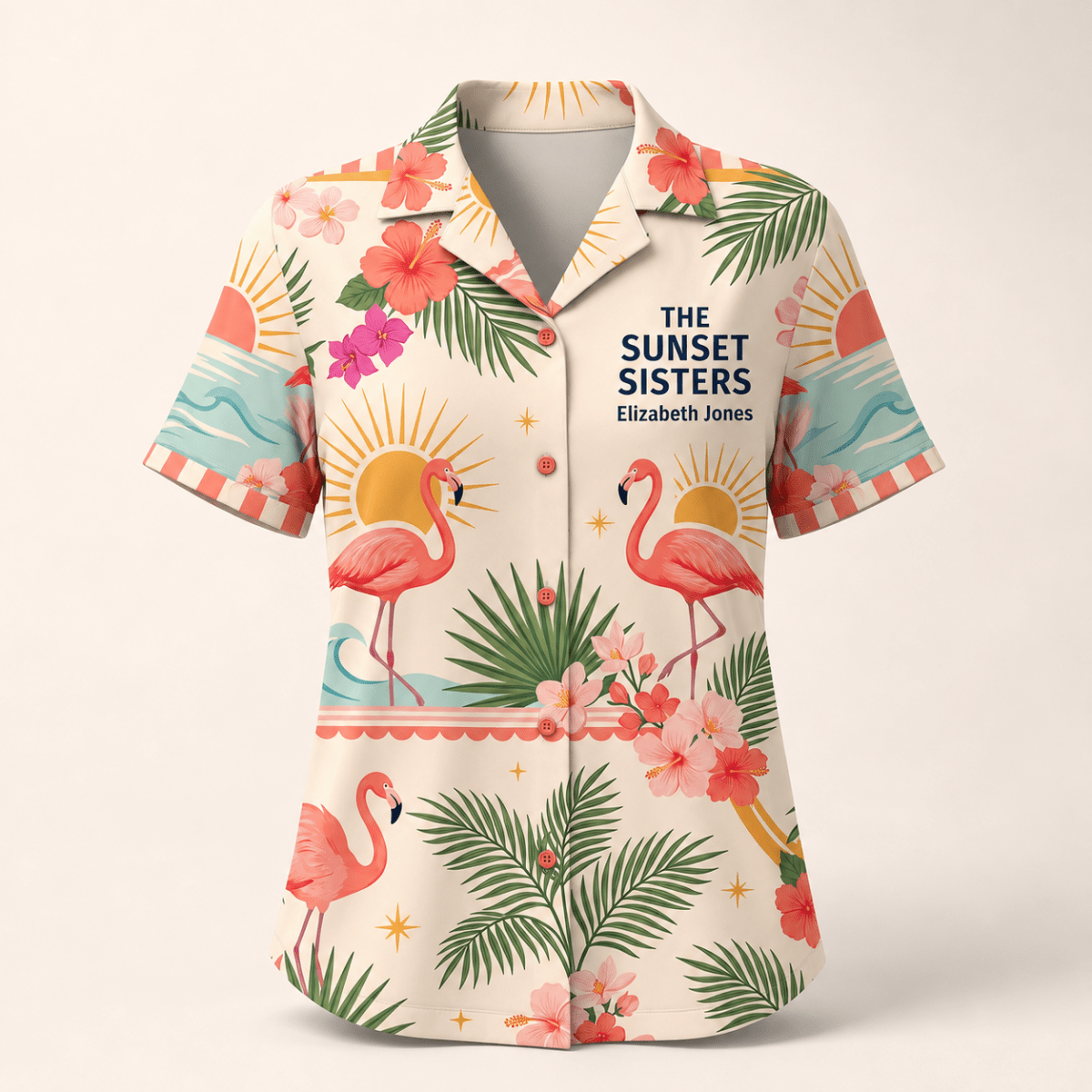 Personalized Sunset Sisters Hawaiian Shirt for Women | Custom Best Friends Beach Vacation Shirt | Flamingo Sisterhood Gift - FlamingoAholic