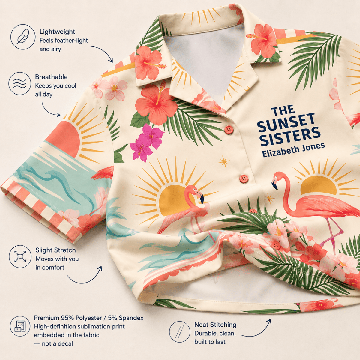 Personalized Sunset Sisters Hawaiian Shirt for Women | Custom Best Friends Beach Vacation Shirt | Flamingo Sisterhood Gift - FlamingoAholic
