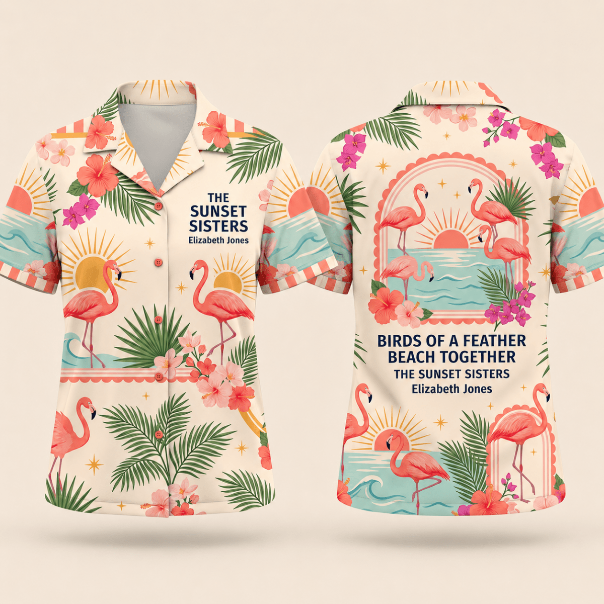 Personalized Sunset Sisters Hawaiian Shirt for Women | Custom Best Friends Beach Vacation Shirt | Flamingo Sisterhood Gift - FlamingoAholic