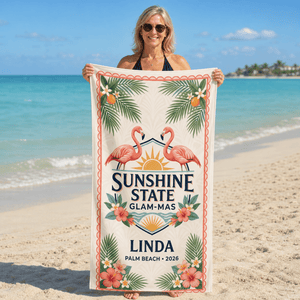 Personalized Sunshine State Glam-Mas Beach Towel | Custom Flamingo Pool Towel | Florida Gift - FlamingoAholic