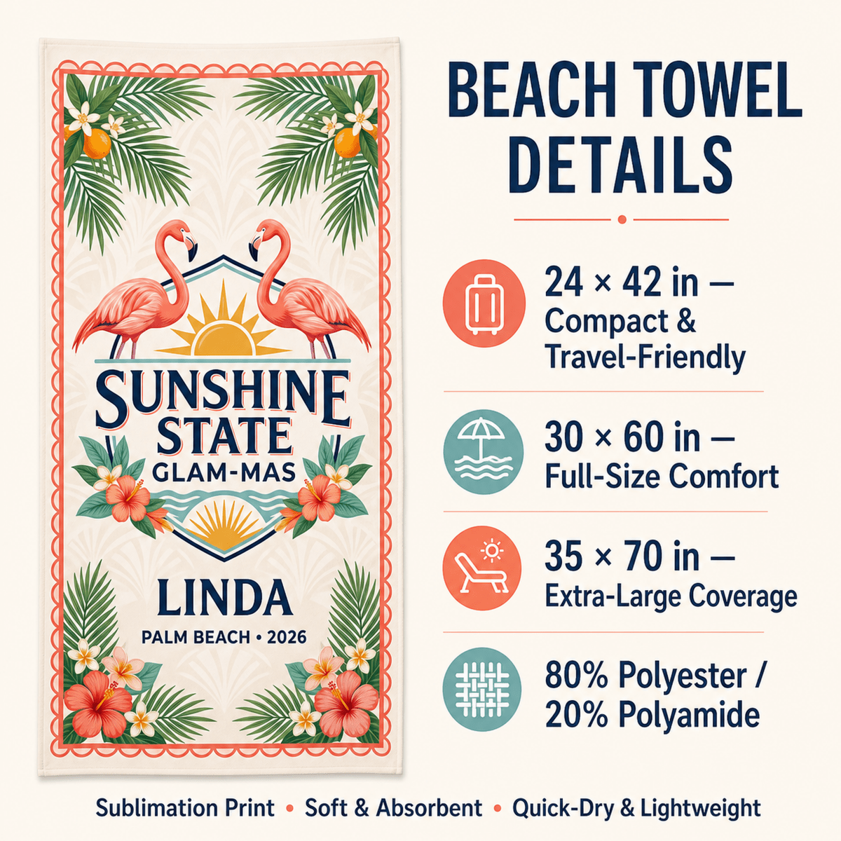 Personalized Sunshine State Glam-Mas Beach Towel | Custom Flamingo Pool Towel | Florida Gift - FlamingoAholic