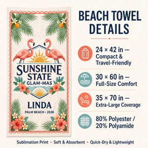 Personalized Sunshine State Glam-Mas Beach Towel | Custom Flamingo Pool Towel | Florida Gift - FlamingoAholic
