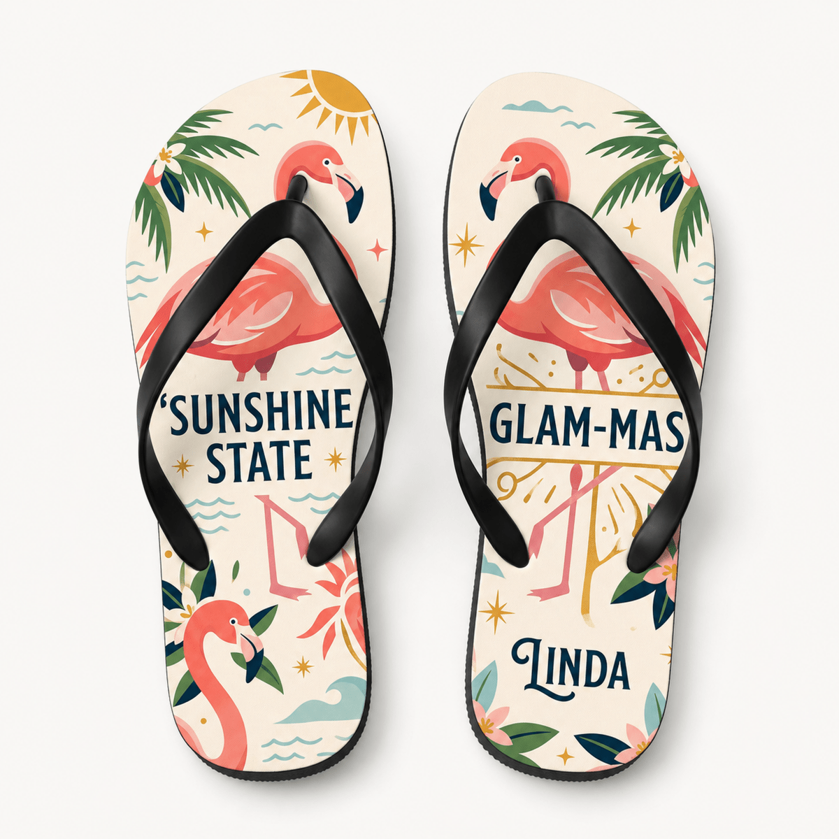 Personalized Sunshine State Glam-Mas Flip Flops for Women | Custom Florida Flamingo Beach Sandals | Summer Vacation Gift - FlamingoAholic