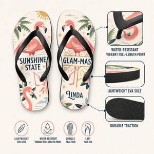 Personalized Sunshine State Glam-Mas Flip Flops for Women | Custom Florida Flamingo Beach Sandals | Summer Vacation Gift - FlamingoAholic