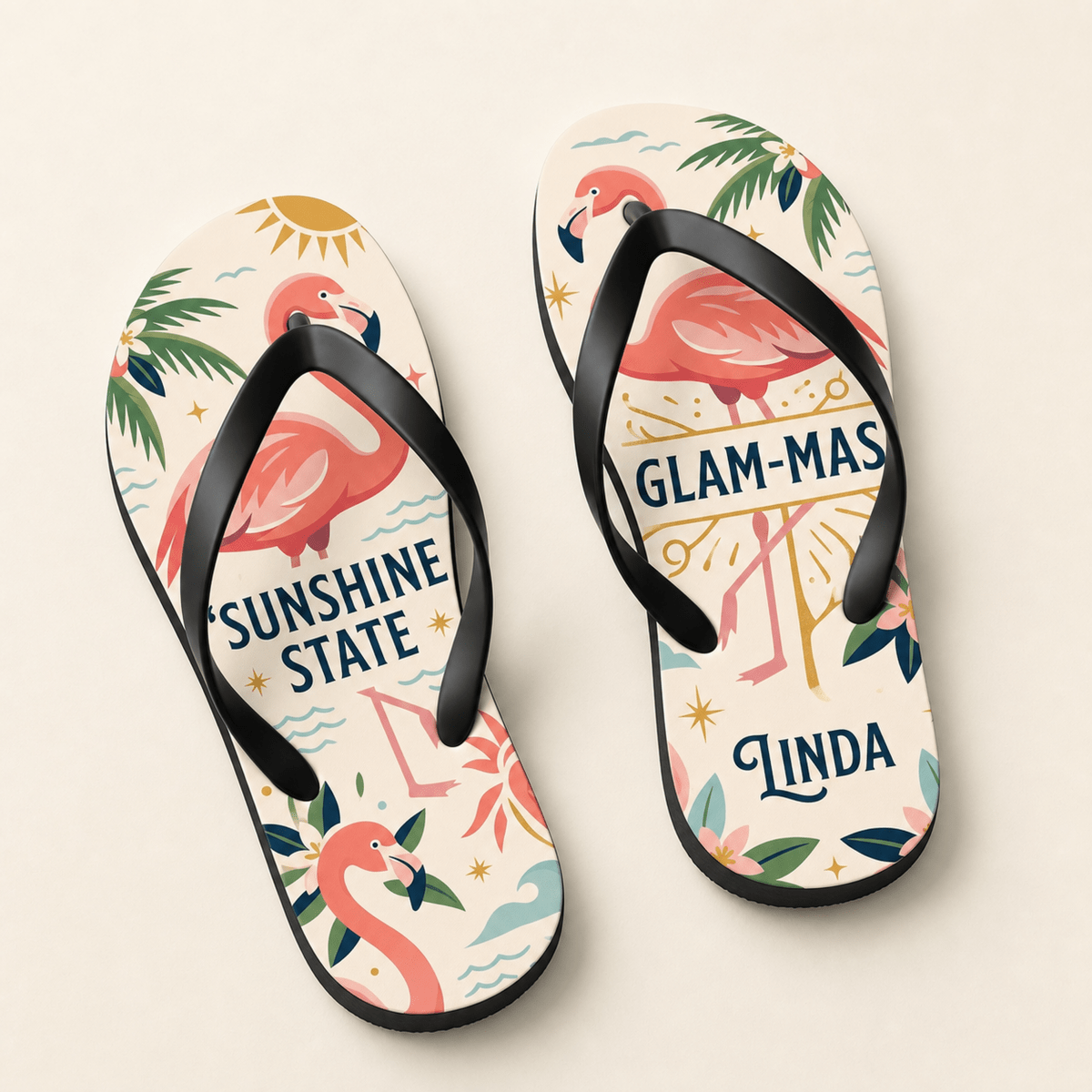 Personalized Sunshine State Glam-Mas Flip Flops for Women | Custom Florida Flamingo Beach Sandals | Summer Vacation Gift - FlamingoAholic