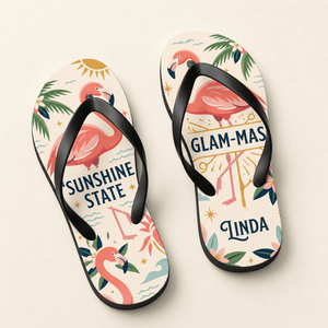 Personalized Sunshine State Glam-Mas Flip Flops for Women | Custom Florida Flamingo Beach Sandals | Summer Vacation Gift - FlamingoAholic