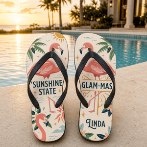 Personalized Sunshine State Glam-Mas Flip Flops for Women | Custom Florida Flamingo Beach Sandals | Summer Vacation Gift - FlamingoAholic