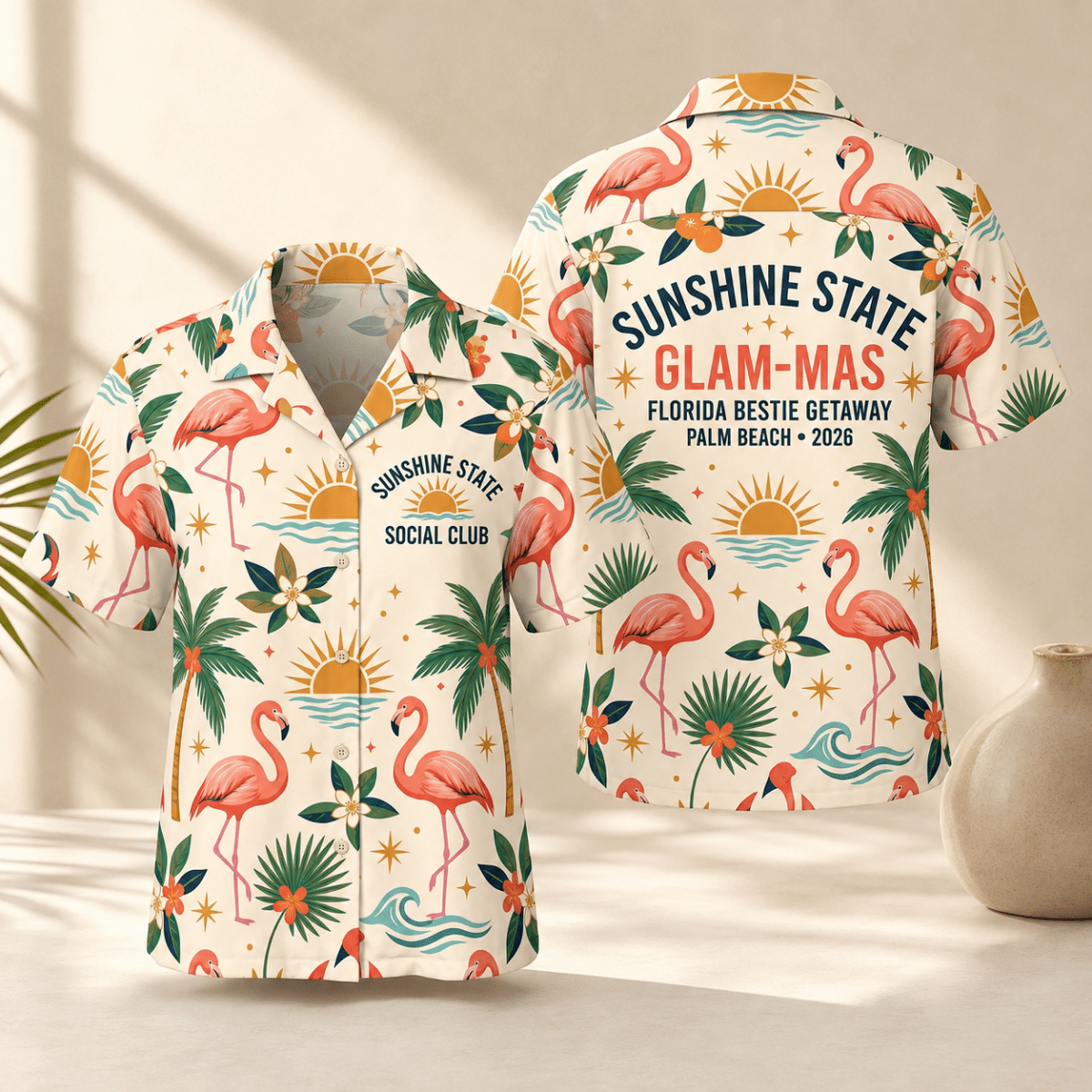 Personalized Sunshine State Glam-Mas Hawaiian Shirt for Women | Custom Girls Trip Florida Beach Vacation Shirt - FlamingoAholic