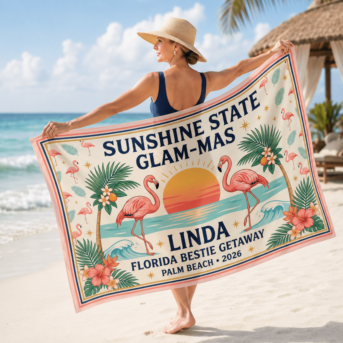 Personalized Sunshine State Glam-Mas Sarong | Custom Flamingo Beach Cover Up Wrap - FlamingoAholic