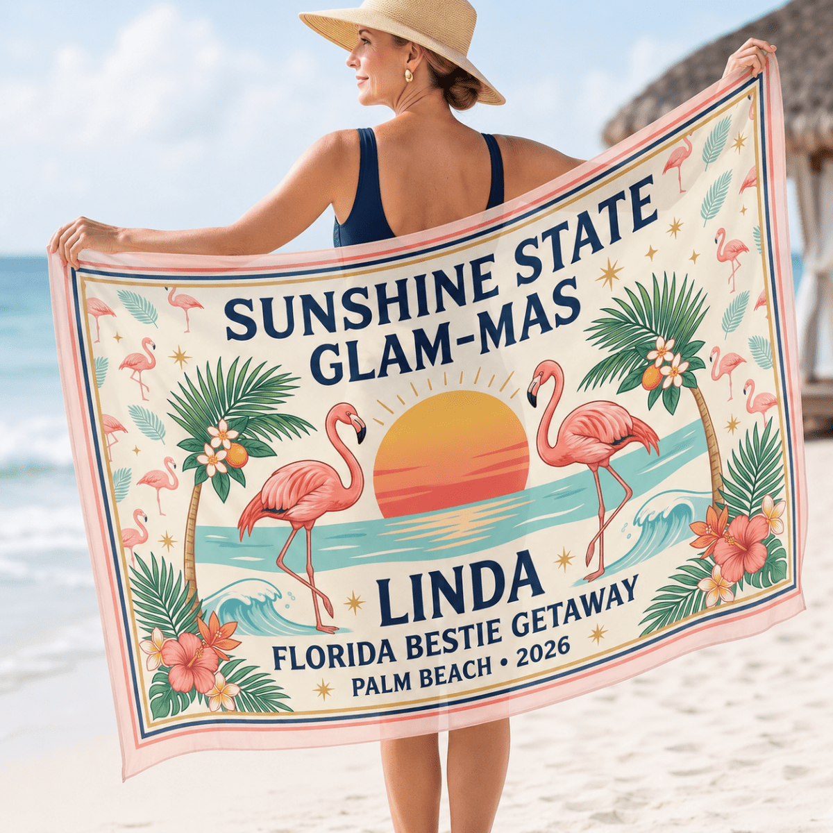 Personalized Sunshine State Glam-Mas Sarong | Custom Flamingo Beach Cover Up Wrap - FlamingoAholic