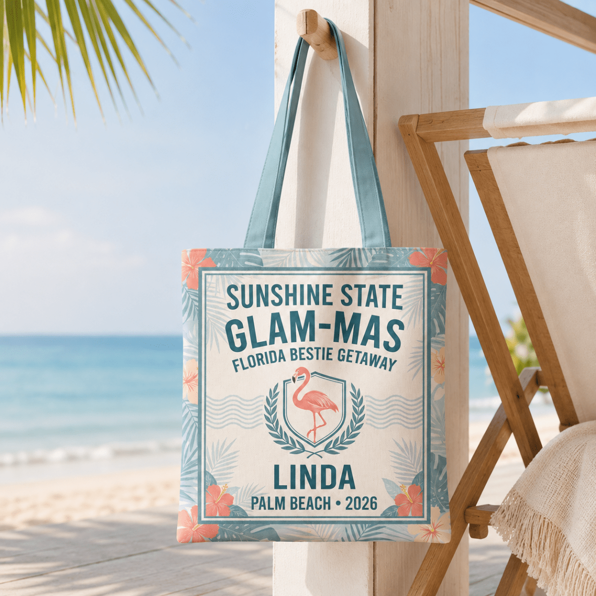 Personalized Sunshine State Glam-Mas Tote Bag | Custom Beach Tote for Best Friends - FlamingoAholic