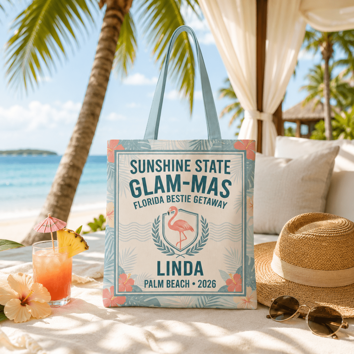 Personalized Sunshine State Glam-Mas Tote Bag | Custom Beach Tote for Best Friends - FlamingoAholic