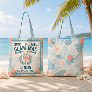 Personalized Sunshine State Glam-Mas Tote Bag | Custom Beach Tote for Best Friends - FlamingoAholic