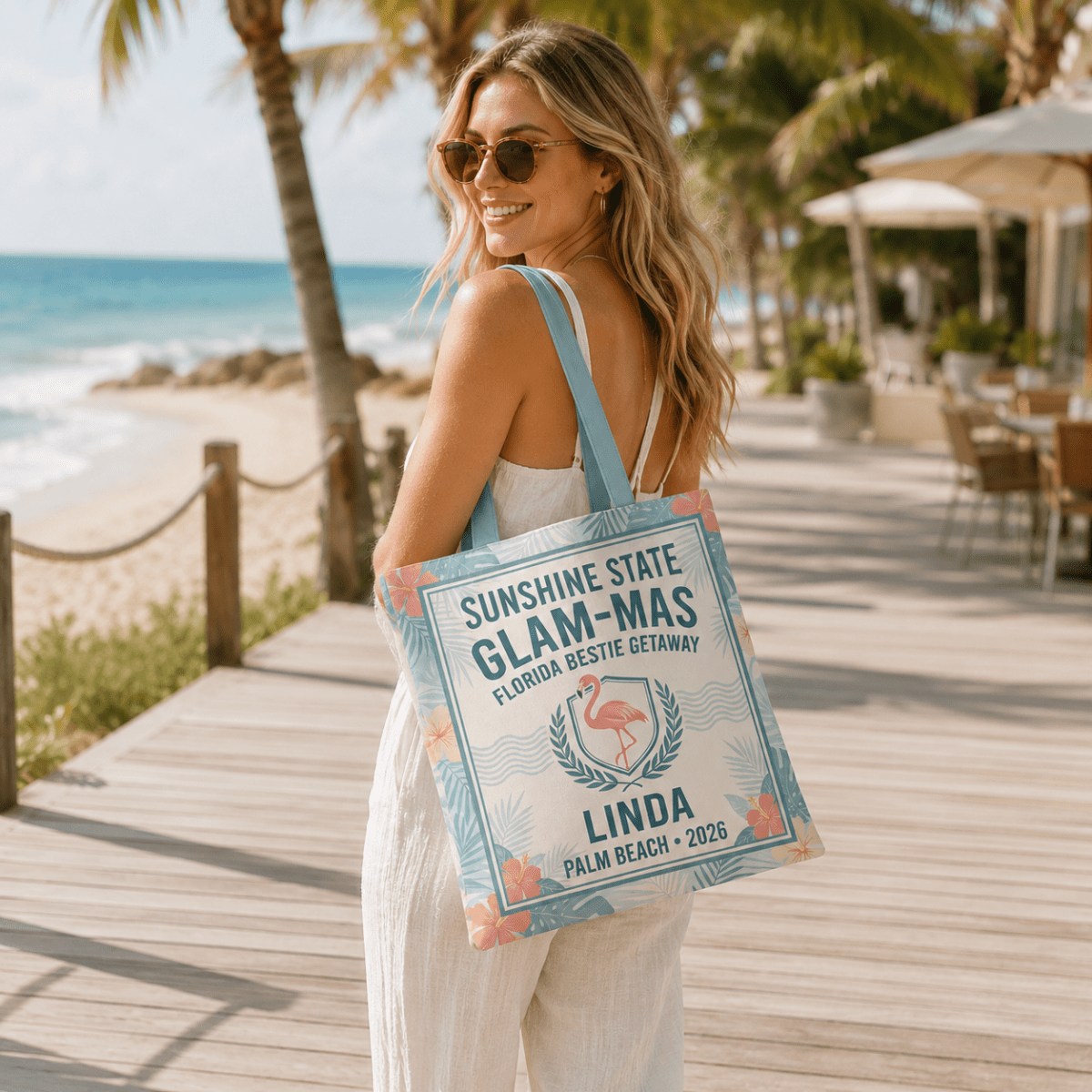 Personalized Sunshine State Glam-Mas Tote Bag | Custom Beach Tote for Best Friends - FlamingoAholic