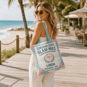 Personalized Sunshine State Glam-Mas Tote Bag | Custom Beach Tote for Best Friends - FlamingoAholic
