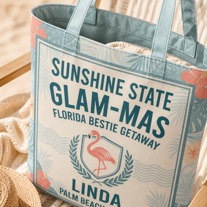 Personalized Sunshine State Glam-Mas Tote Bag | Custom Beach Tote for Best Friends - FlamingoAholic