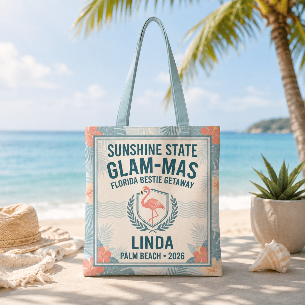 Personalized Sunshine State Glam-Mas Tote Bag | Custom Beach Tote for Best Friends - FlamingoAholic