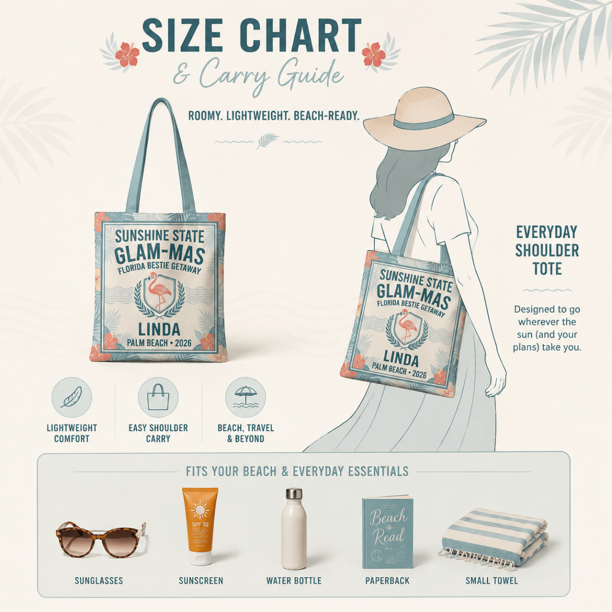 Personalized Sunshine State Glam-Mas Tote Bag | Custom Beach Tote for Best Friends - FlamingoAholic