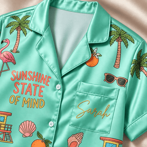 Personalized Sunshine State of Mind Florida Satin Pajama Set for Women - FlamingoAholic