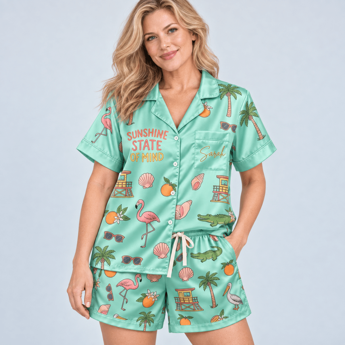 Personalized Sunshine State of Mind Florida Satin Pajama Set for Women - FlamingoAholic