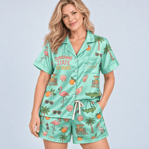 Personalized Sunshine State of Mind Florida Satin Pajama Set for Women - FlamingoAholic