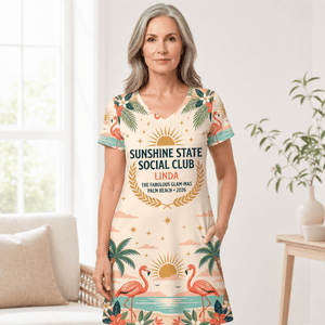 Personalized Sunshine State Social Club Women's V-Neck Dress | Palm Beach Florida Dress - FlamingoAholic