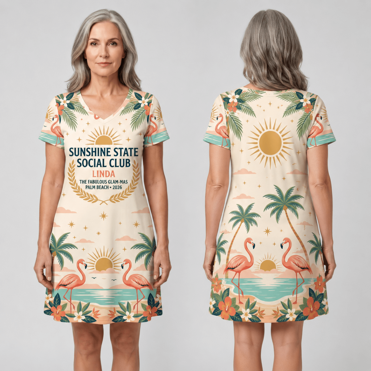 Personalized Sunshine State Social Club Women's V-Neck Dress | Palm Beach Florida Dress - FlamingoAholic